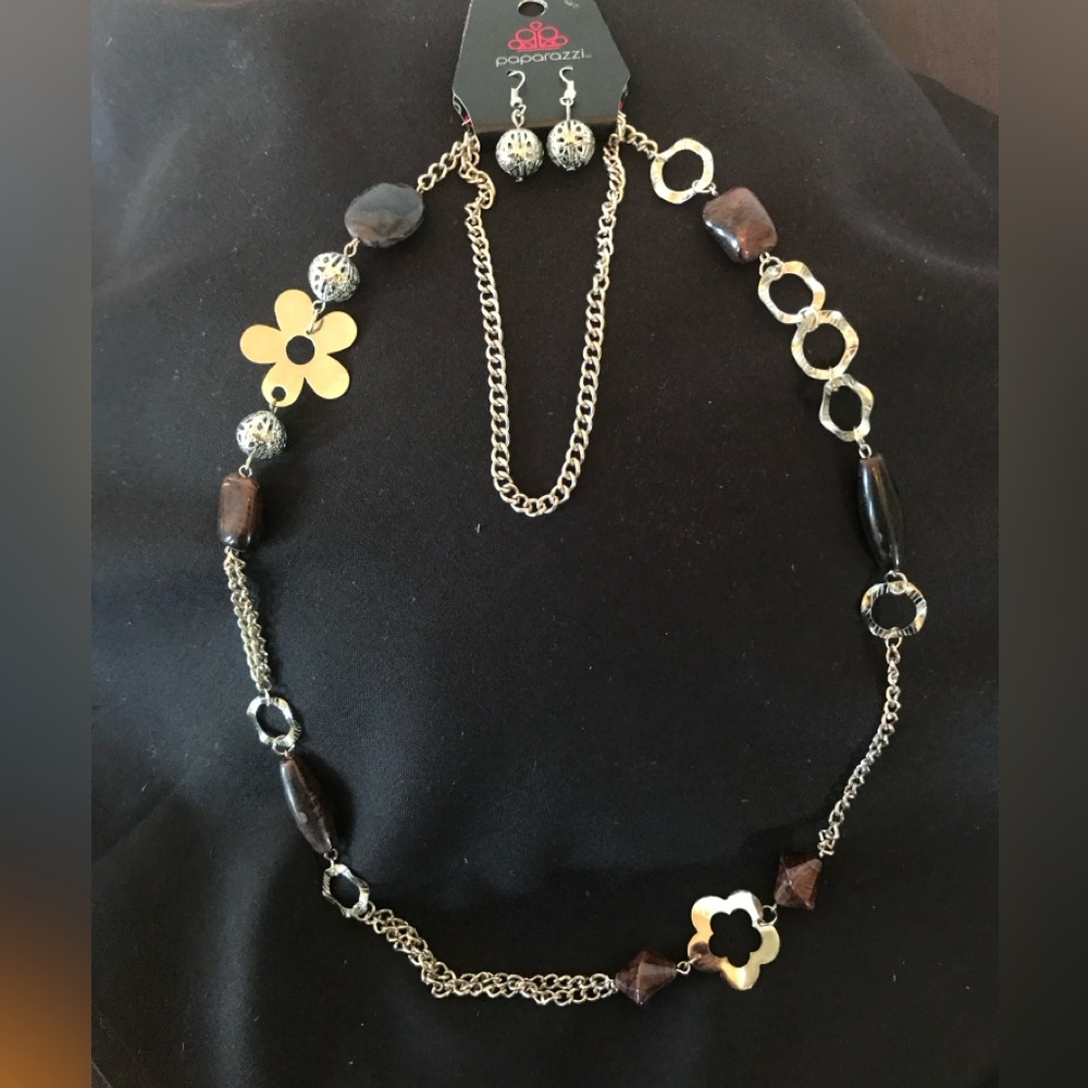 Paparazzi Silver and Brown Floral Necklace and Earrings Set